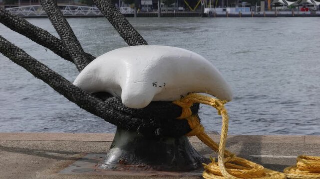 Mooring bollard with attached ropes alongside the river Meuse in Rotterdam