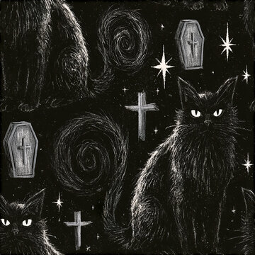 Black cat with coffin and cross seamless pattern, spooky Halloween design with mysterious dark atmosphere