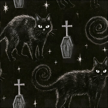 Black cat and coffin seamless pattern with stars and spiral shapes creating mysterious spooky atmosphere