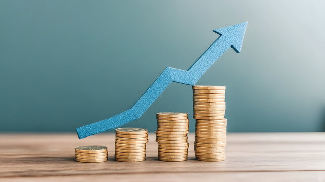 Financial Growth and Investment Success Concept with Rising Arrow and Stacks of Gold Coins on Wooden Background