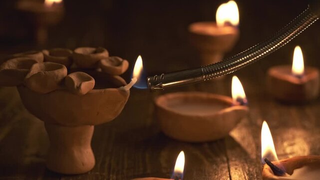 Lighting a traditional diya lamp with a long metal lighter for Diwali