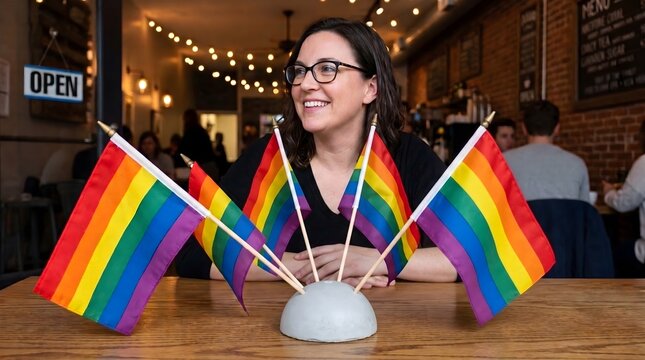 Small business owner smiling with rainbow pride flags on the table of her cafe