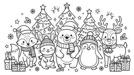 Fototapeta premium Cute Christmas Animals Coloring Page for Kids