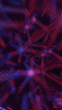 Quantum cyber network transmits glowing red and violet code beams in a vertical 3D render illustrating cryptographic processing for mobile banners