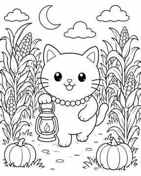 Cute witch cat holding lantern in cornfield surrounded by pumpkins cozy halloween coloring page for kids
