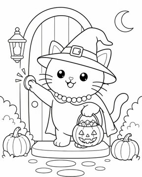 Charming coloring page showcasing a cozy cat wearing a witch hat perfect for halloween creativity and enjoyment