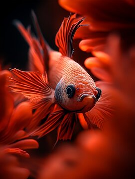 Vibrant orange betta fish with flowing fins, swimming amidst blurred red floral backdrop. Close-up shot emphasizing the fish's details and color