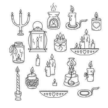 Doodle set of monochrome burning cozy candles, lanterns, candelabras, and oil lamps isolated on a white background. Hand drawn holiday decor vector clip art