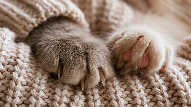 Fluffy cat paws resting comfortably inside a cozy beige knitted sweater showing sharp claws and soft fur in warm natural lighting for a peaceful winter mood.