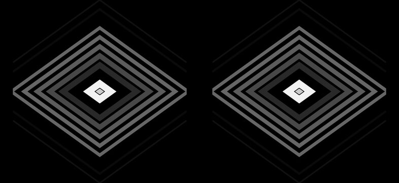 Monochrome geometric pattern featuring concentric diamond shapes arranged symmetrically on a solid dark black backdrop background
