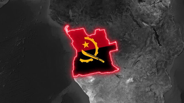 Angola map outline with flag animation glowing with energy motion footage