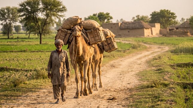 Traditional rural farmer leading loaded camels on dirt path, rustic village landscape with working animals, desert agriculture scene isolated PNG with Transparent Background