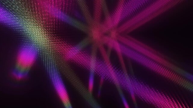 Quantum light rays intersect in dark space in a minimalist 3D animation with textured magenta diffraction beams for elegant science transitions