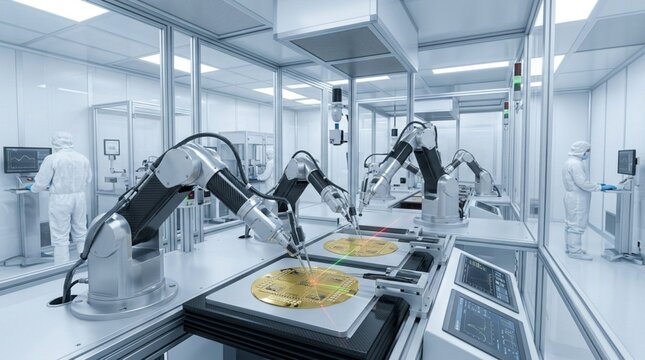 Automated Robotic Arms Manufacturing Microchips on Silicon Wafers in a Sterile High-Tech Cleanroom