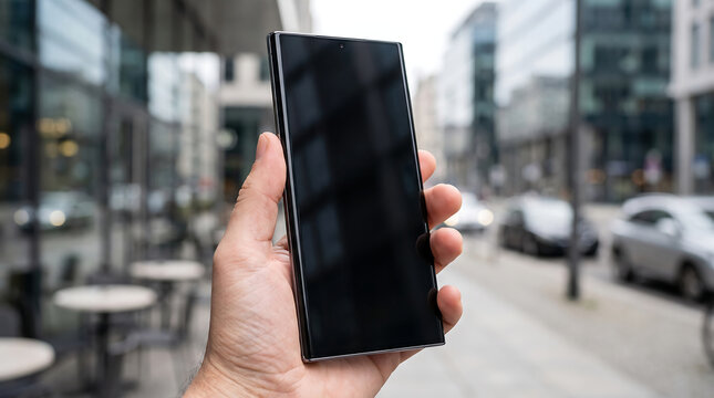 Person holding a modern smartphone with a blank screen in an urban city street setting transparent background