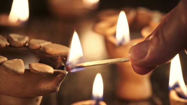 Hand lighting a traditional diya lamp with a wooden match for Diwali
