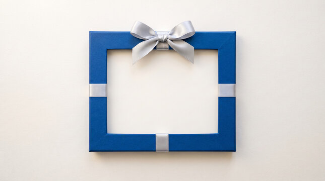 Blue gift box frame with silver ribbon, symbolizing celebration, presentation, and a place for memories, perfect for gifting or decorative use