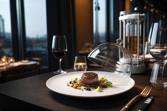 Premium editorial fine dining plated cultured meat dish with lifted glass cloche, lab-grown cultivated meat and discreet bioreactor silhouette exploring de-extinction and food ethics debate