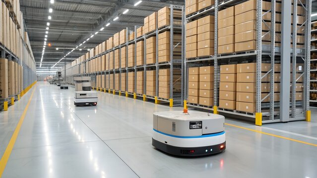 A high-tech automated fulfillment center with autonomous robotic transport pods moving neatly organized cardboard packages between tall industrial racks, bright commercial LED lighting, clean floor sp