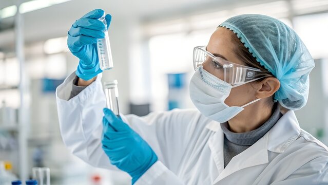 A modern medical researcher wearing safety goggles holding a transparent glass vial with clear liquid in a brightly lit sterile laboratory, soft clinical lighting, shallow depth of field, generous neg