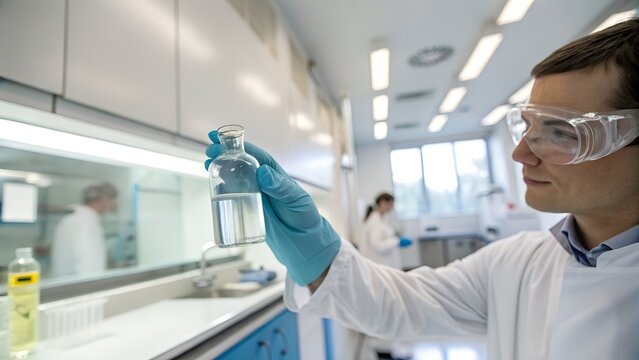 A modern medical researcher wearing safety goggles holding a transparent glass vial with clear liquid in a brightly lit sterile laboratory, soft clinical lighting, shallow depth of field, generous neg