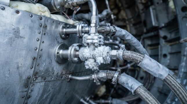 Liquid hydrogen tank fittings with braided cryogenic lines, frost on metal valves, and riveted fuselage skin.