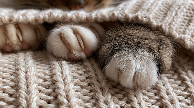 Fluffy cat paws peeking out from under a cozy beige knitted blanket showing cute white toes and sharp claws in a warm and soft indoor setting
