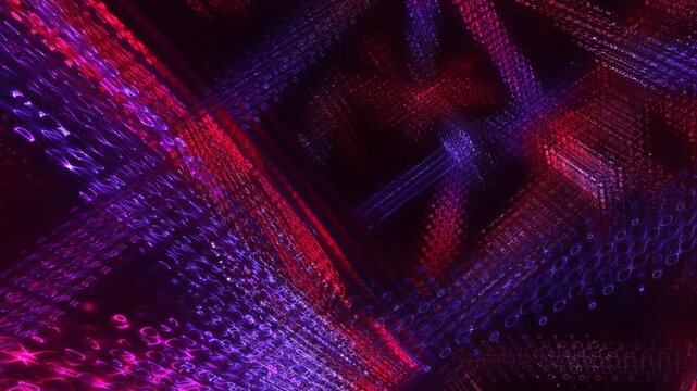 Quantum qubit processing illuminates a digital matrix structure in an energetic purple and red 3D render for computing intros