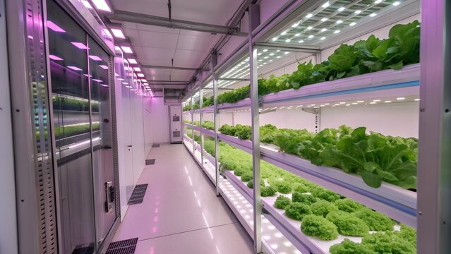 Interior of an advanced vertical indoor hydroponic greenhouse with lush green leafy vegetables illuminated by soft pink and blue LED grow lights, crisp focus, clean modern agriculture concept, photore