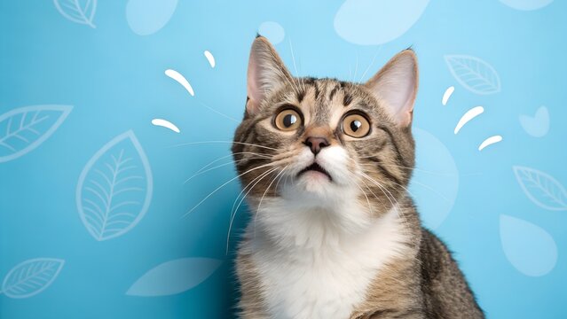 Surprised shocked cat face with paws on head on blue background with copy space. AI Generative