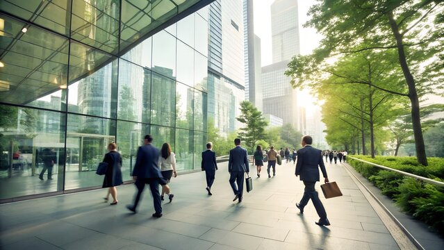 Sustainability in business center concept, business people crowd walking at corporate office in green city downtown, Abstract motion blur image, blurred background, Generative AI