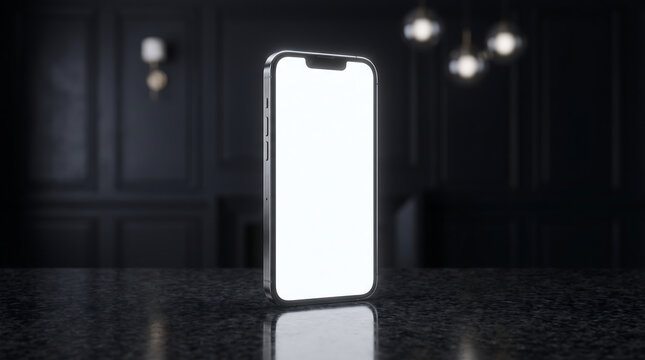Modern smartphone with blank white screen mockup standing on a reflective granite surface in luxury interior transparent background