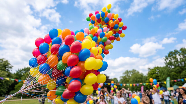 Vibrant, colorful balloons float against a blue sky with clouds, symbolizing celebration, joy, and festive occasions like parties or events.