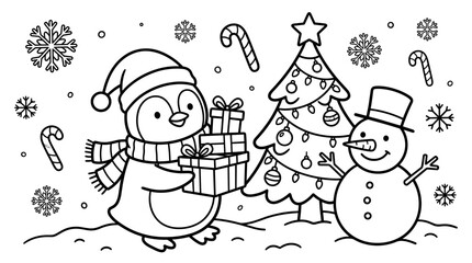Fototapeta premium Cute Penguin and Snowman Christmas Coloring Page