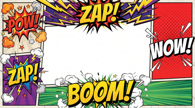 Comic book style frame with explosive sound effects like POW, ZAP, BOOM, and WOW, symbolizing action and excitement, with free space for text