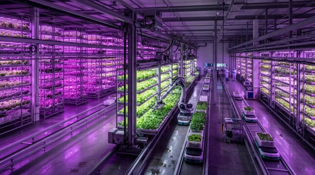 Automated Vertical Indoor Farm with Robotic Arm Harvesting Lettuce Under Purple LED Grow Lights