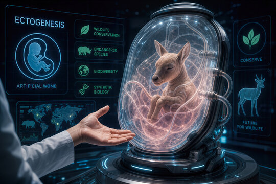 Ectogenesis artificial womb for wildlife conservation birthing critically endangered mammal in synthetic biology advanced ecology lab hand presenting ectogenesis conservation breakthrough