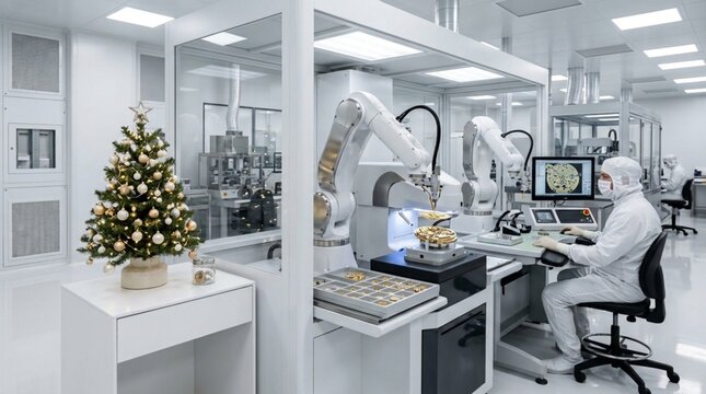 Industrial robot arms and worker in laboratory cleanroom assembling watches during Christmas season
