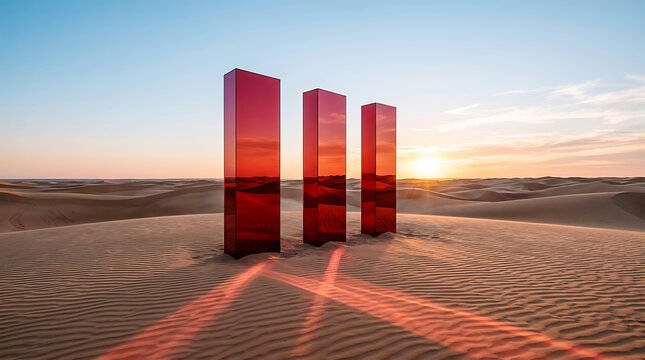 Red geometric monoliths standing in a desert landscape at sunset