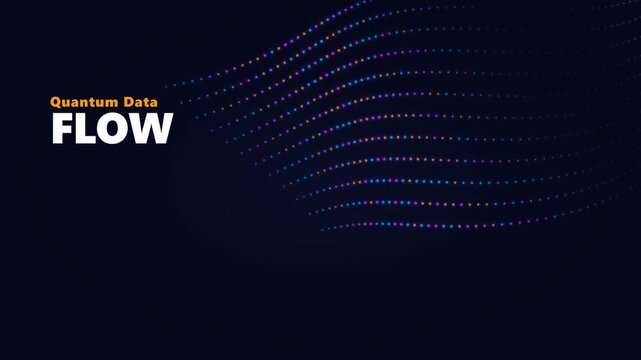 Abstract digital data flow with glowing particles moving in waves on dark background