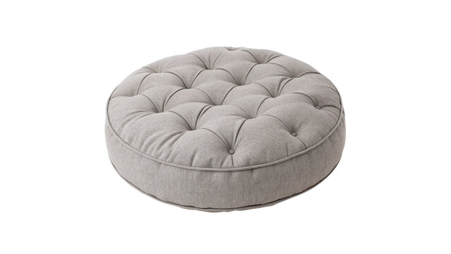 Soft grey velvet tufted round pouf ottoman home furniture isolated on transparent background