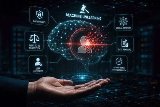 Machine unlearning concept hologram over open hand with neural network data removal user autonomy right to be forgotten algorithmic accountability data privacy visualization