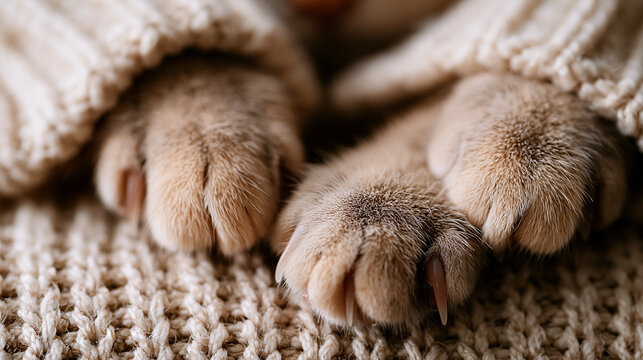 Cute cat paws resting comfortably inside a cozy beige knitted sweater fabric captured in a soft macro photography style with warm natural light and gentle texture