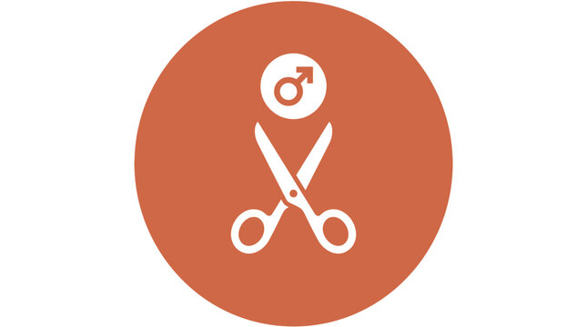 White scissors cutting a male gender symbol displayed within a flat minimalist circular terracotta design