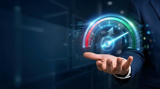 Businessman Hand Holding Glowing Digital Speedometer HUD Interface for Business Performance, Fast Internet Speed, and Tech Optimization Concept.