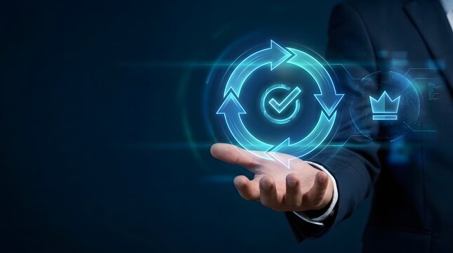 Business standard and quality assurance concept with businessman hand presenting a virtual feedback loop and crown icon.