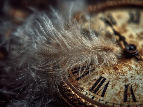 An antique clock face, with its time-worn patina, is juxtaposed with the delicate softness of a bird feather in a composition that evokes themes of time and nostalgia