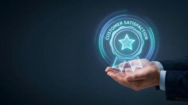 Businessman holding glowing customer satisfaction hologram badge. Concept of high rating, excellent service, feedback, and quality guarantee.