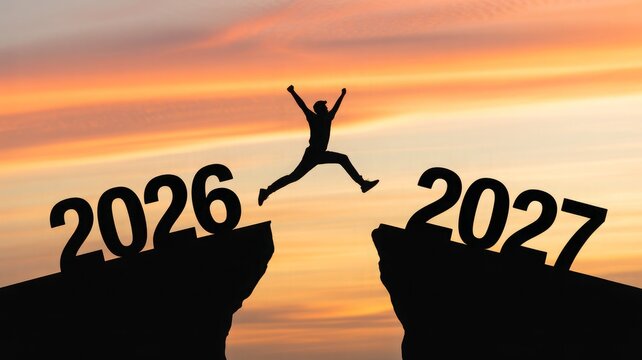 Person jumping between 2026 and 2027 year mountains at sunset