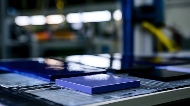 Blue painted test panels on a factory inspection table with blurred industrial background